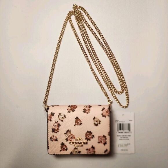 NWT COACH CZ022 Mini Leather Wallet On Chain Blush Pink Roses Rosette - Picture 3 of 4